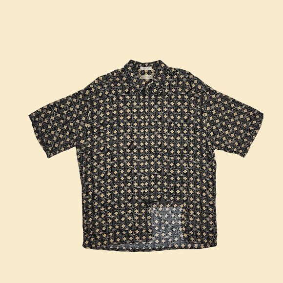 1990s XL Pierre Cardin black/beige shirt, vintage mens 90s geometric button down - Picture 2 of 8